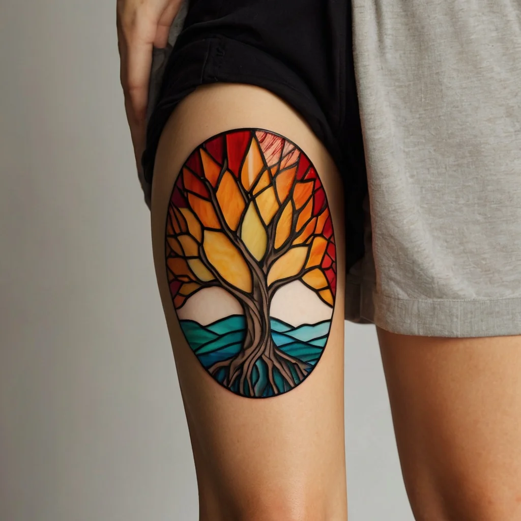 Tattoo of a tree with a stained-glass style, featuring vivid orange and yellow foliage, and blue water roots on a leg.