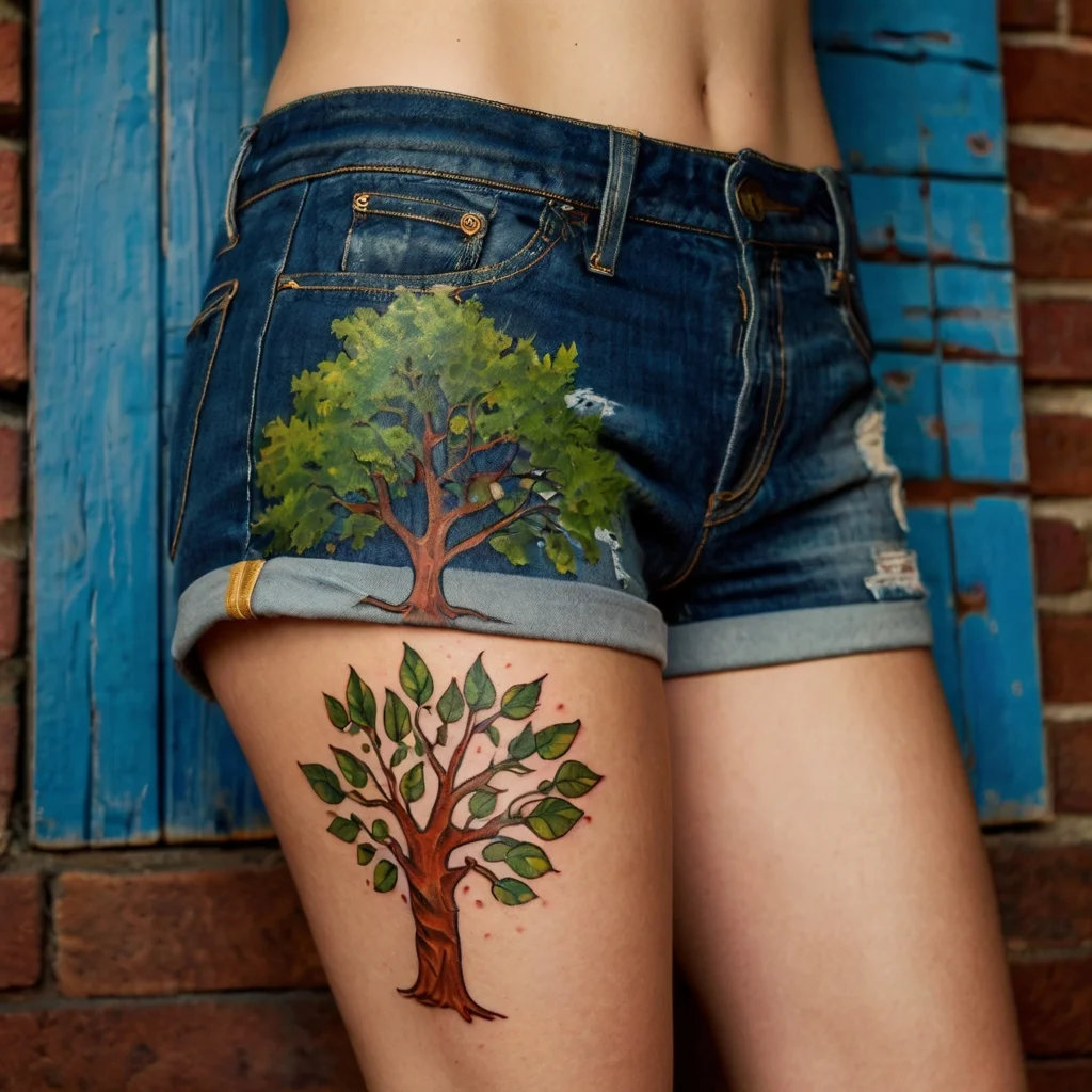 Tattoo of a vibrant tree with green leaves on the thigh. The trunk aligns with a painted tree on denim shorts.