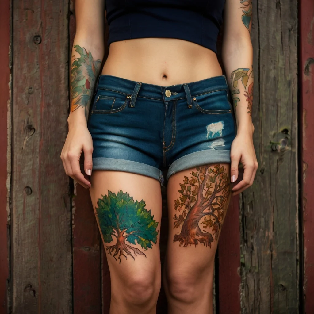 Colorful tree tattoos on both thighs, symbolizing growth and life; vibrant leaves and roots in earthy tones.