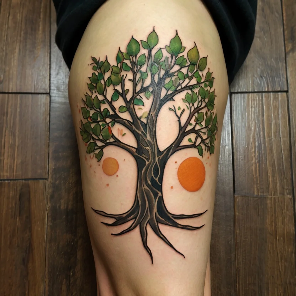 Tattoo of a tree with lush green leaves, intricate roots, and two orange circles symbolizing balance and harmony.