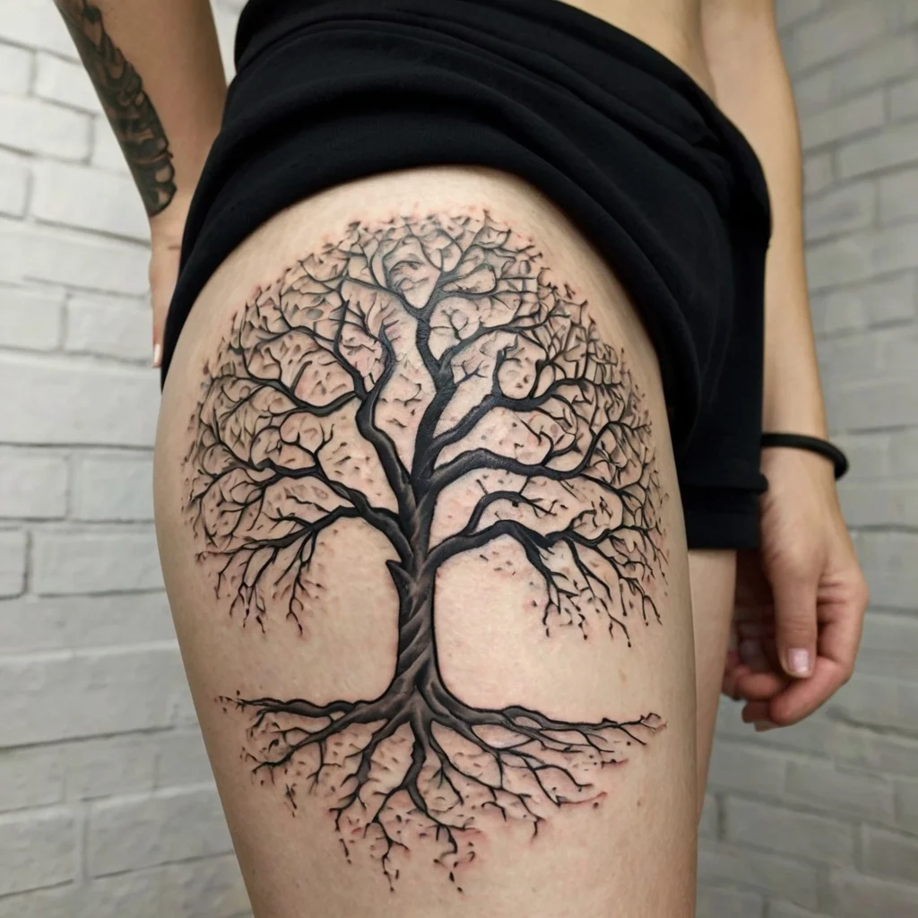 Black ink tree of life tattoo with intricate branches and roots, symbolizing growth and connection.