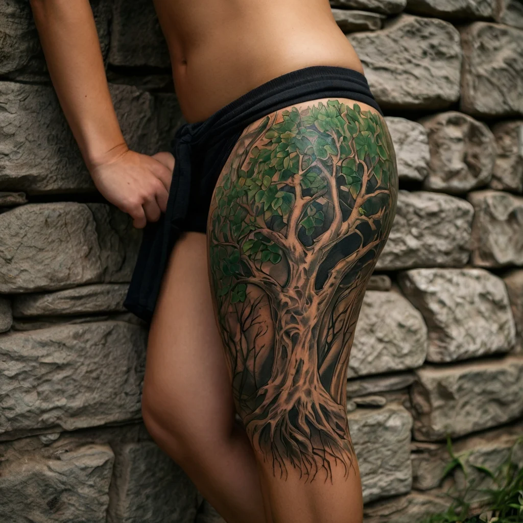 Detailed tree tattoo with sprawling roots and vibrant green leaves, covering the side of the thigh.