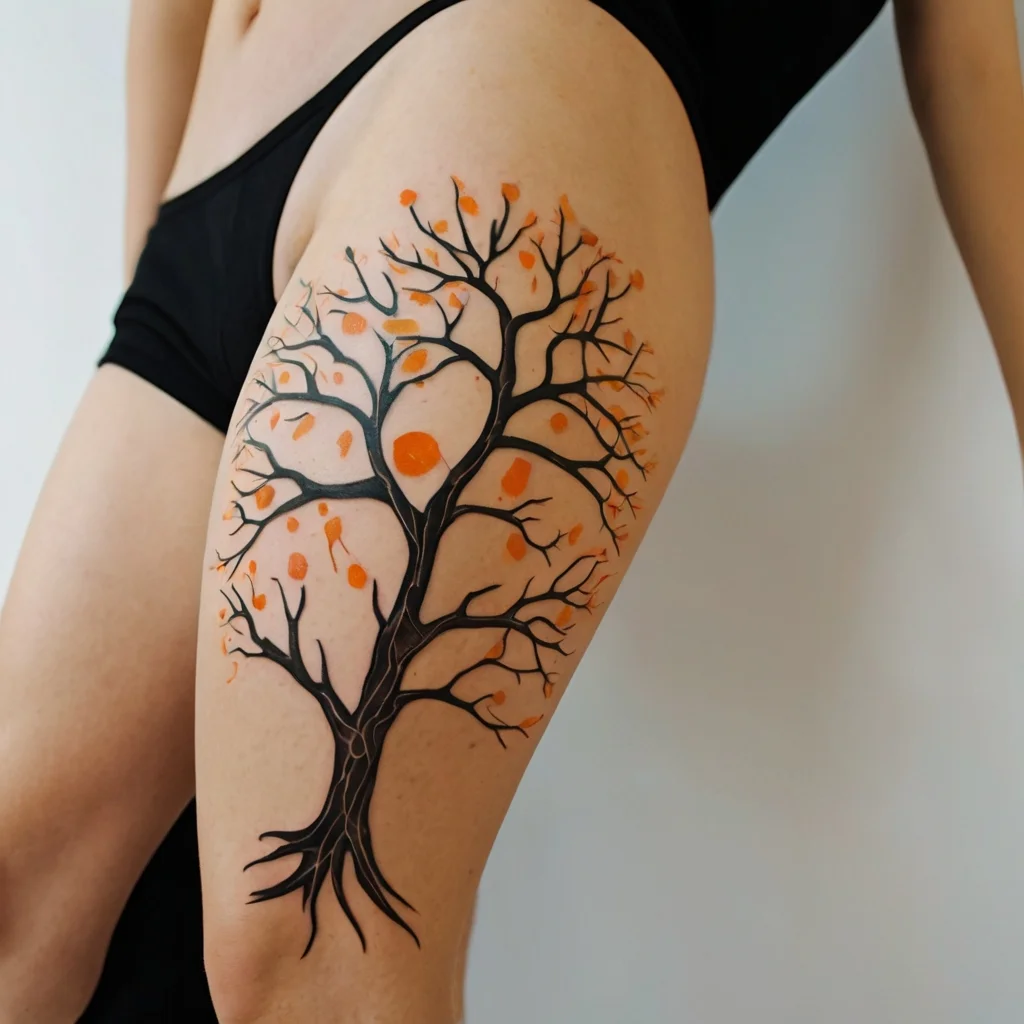 Tattoo of a tree with intricate black branches and vibrant orange leaves, covering the upper thigh.