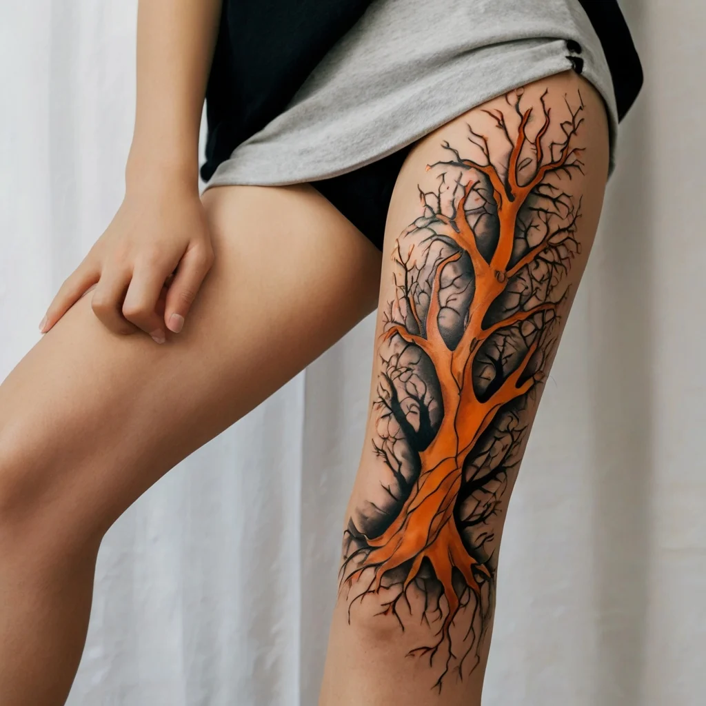 Elegant tree tattoo with orange bark and intricate branches stretching across the thigh, blending nature and art.