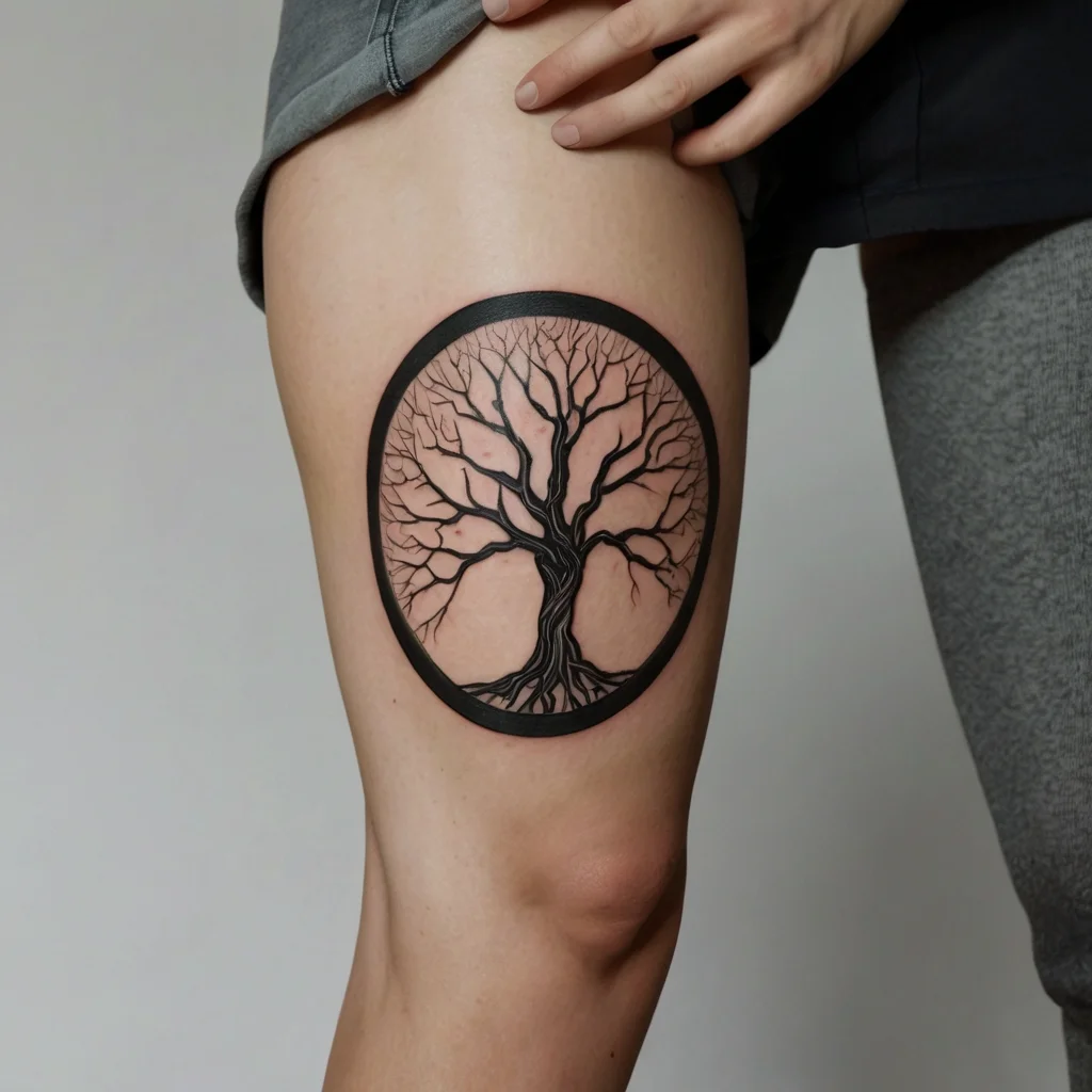 Tattoo of a leafless tree inside a bold black circle. The intricate branches are detailed, symbolizing strength and growth.