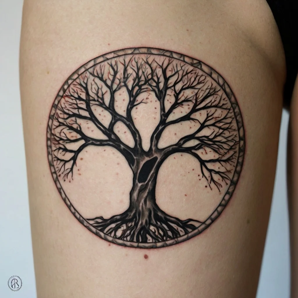 Intricate tree of life tattoo inside a circle, with detailed branches and roots, symbolizing growth and interconnectedness.