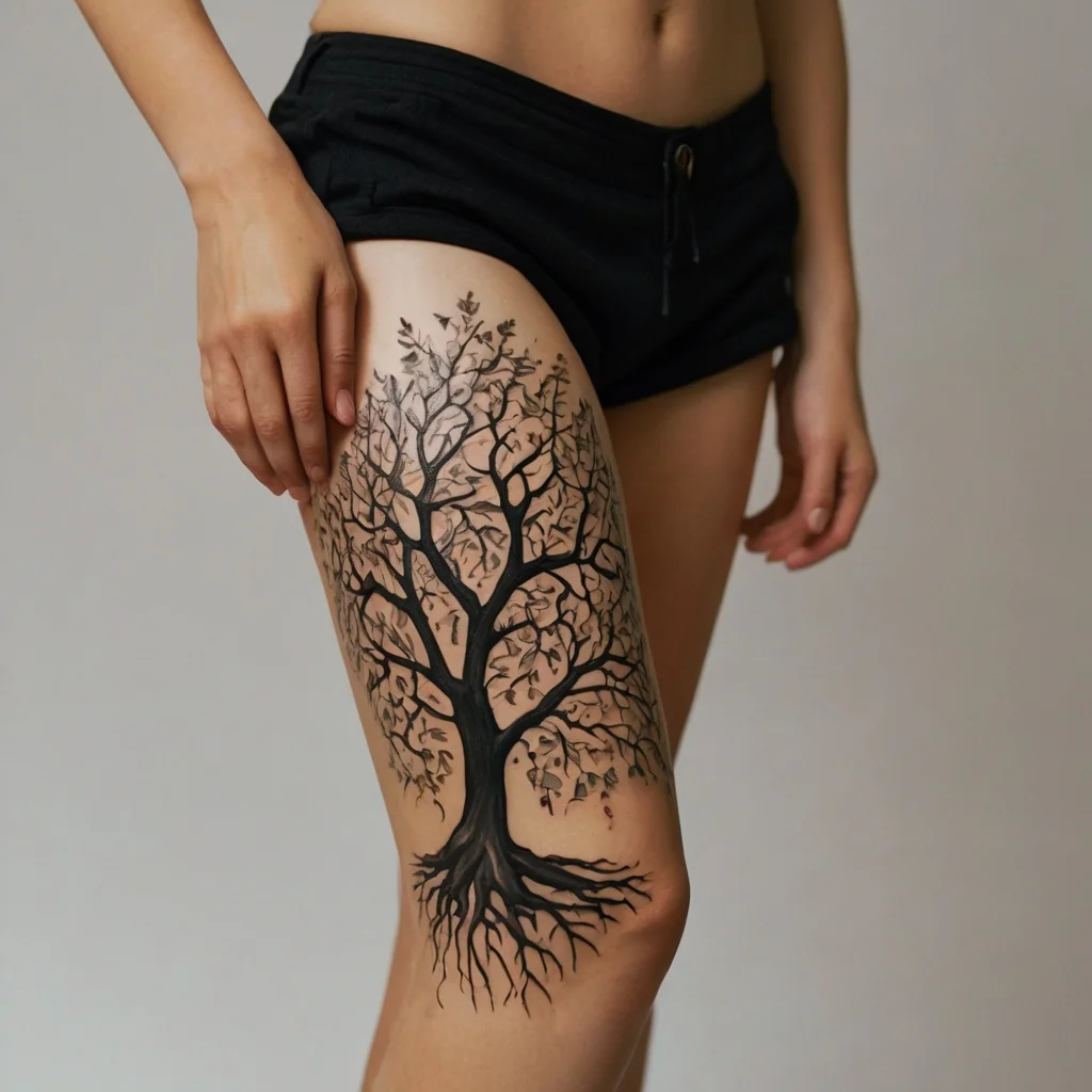 Tattoo of a detailed tree with intricate branches and roots on the thigh, symbolizing growth and connection.