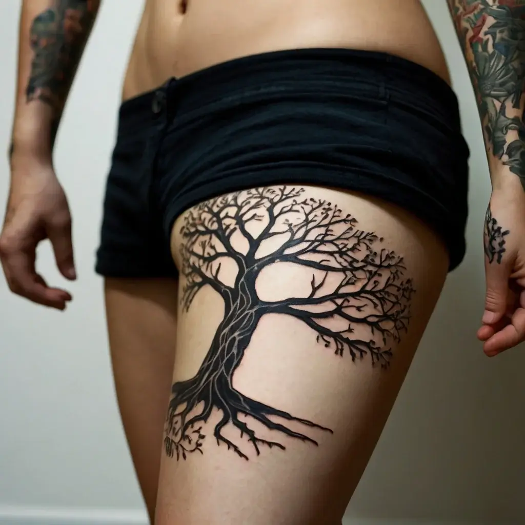 A black ink tree tattoo on the thigh, featuring detailed branches and roots, symbolizing strength and connection to nature.