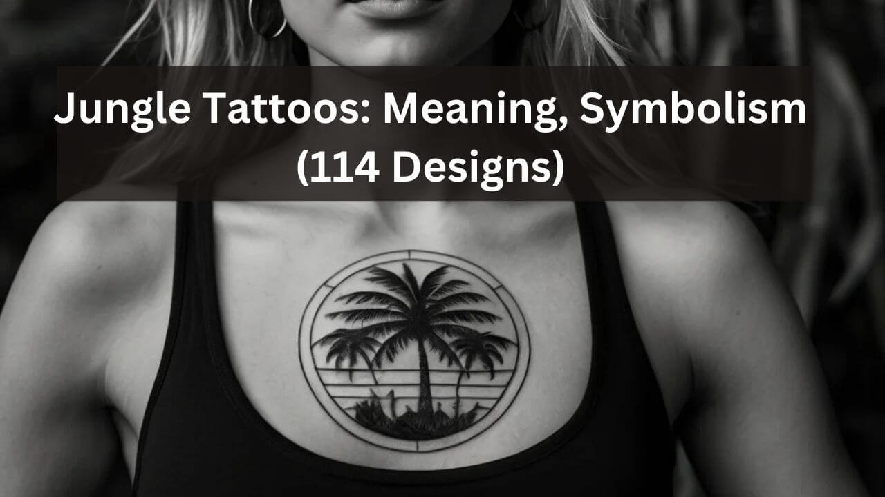 A circular tattoo design featuring a silhouetted palm tree set against horizontal line shading, symbolizing tranquility.