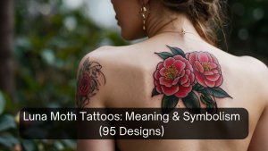 Tattoo of vibrant red peonies with green leaves on a shoulder blade, symbolizing beauty and elegance.