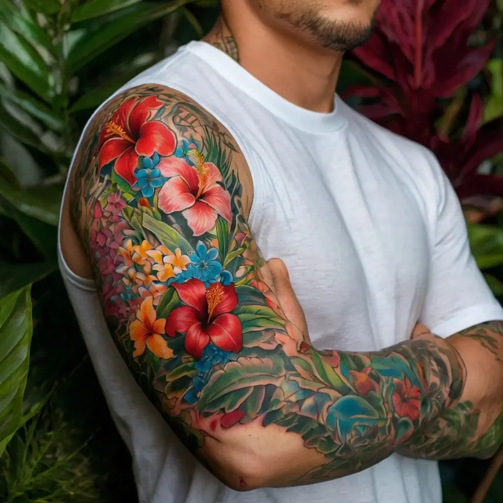 A vibrant tropical sleeve tattoo featuring red hibiscus, plumeria, and lush green foliage on a man's arm.