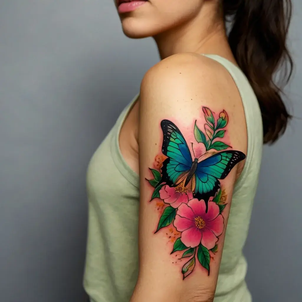 A vibrant tattoo of a blue butterfly perched on pink flowers with lush green leaves, blending realism and bold colors.