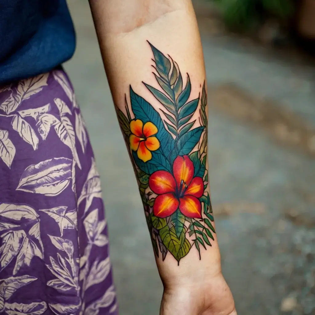 A vivid tattoo of lush tropical foliage with two orange and red hibiscus flowers on the forearm.