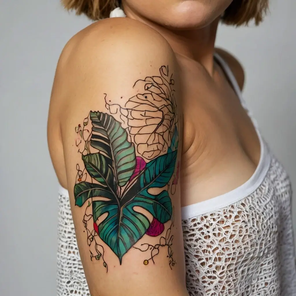 Tattoo of vibrant teal and green tropical leaves with delicate line art flowers outlines on upper arm.