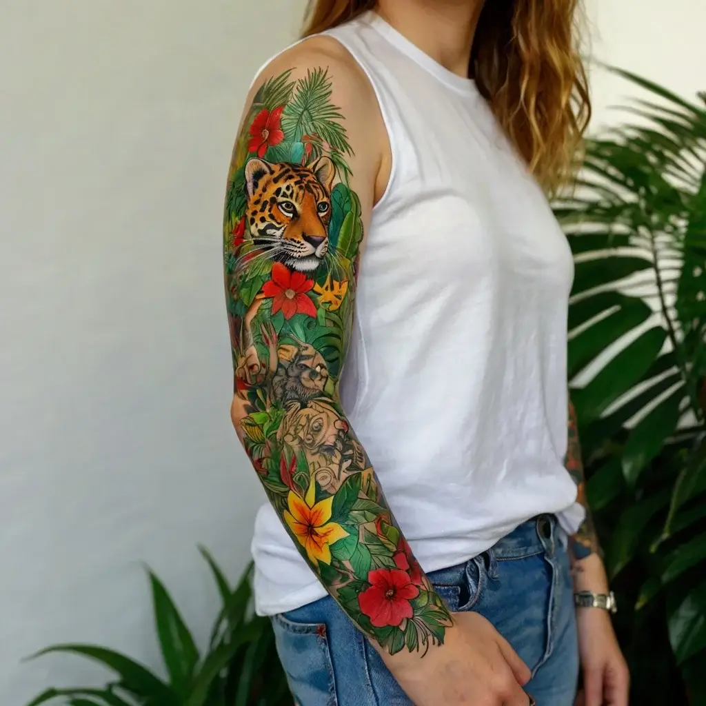 Colorful sleeve tattoo of a jungle scene with a detailed tiger, lush leaves, and vibrant red and yellow flowers.