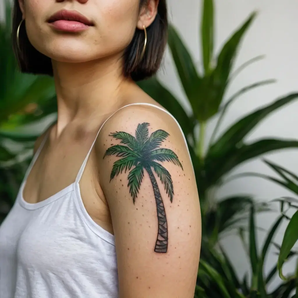 Palm tree tattoo on upper arm, detailed green fronds and textured trunk, symbolizing tropical vibes and relaxation.