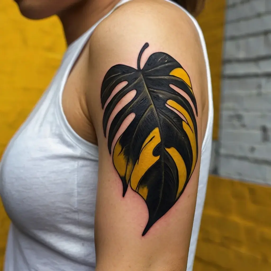 Tattoo of a Monstera leaf with bold black outlining and vibrant orange accents on the upper arm.