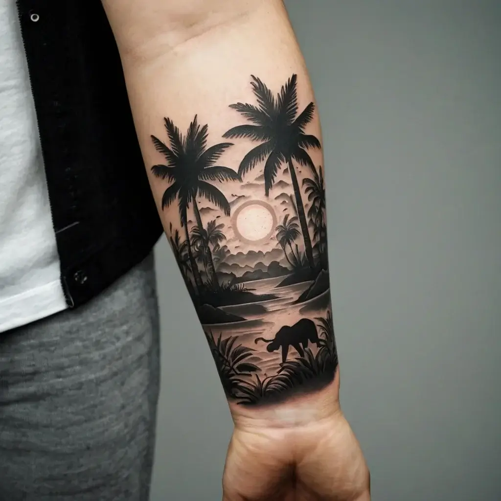 Tattoo of a jungle scene with silhouetted palm trees, an elephant, and a sun setting over mountains and a river.