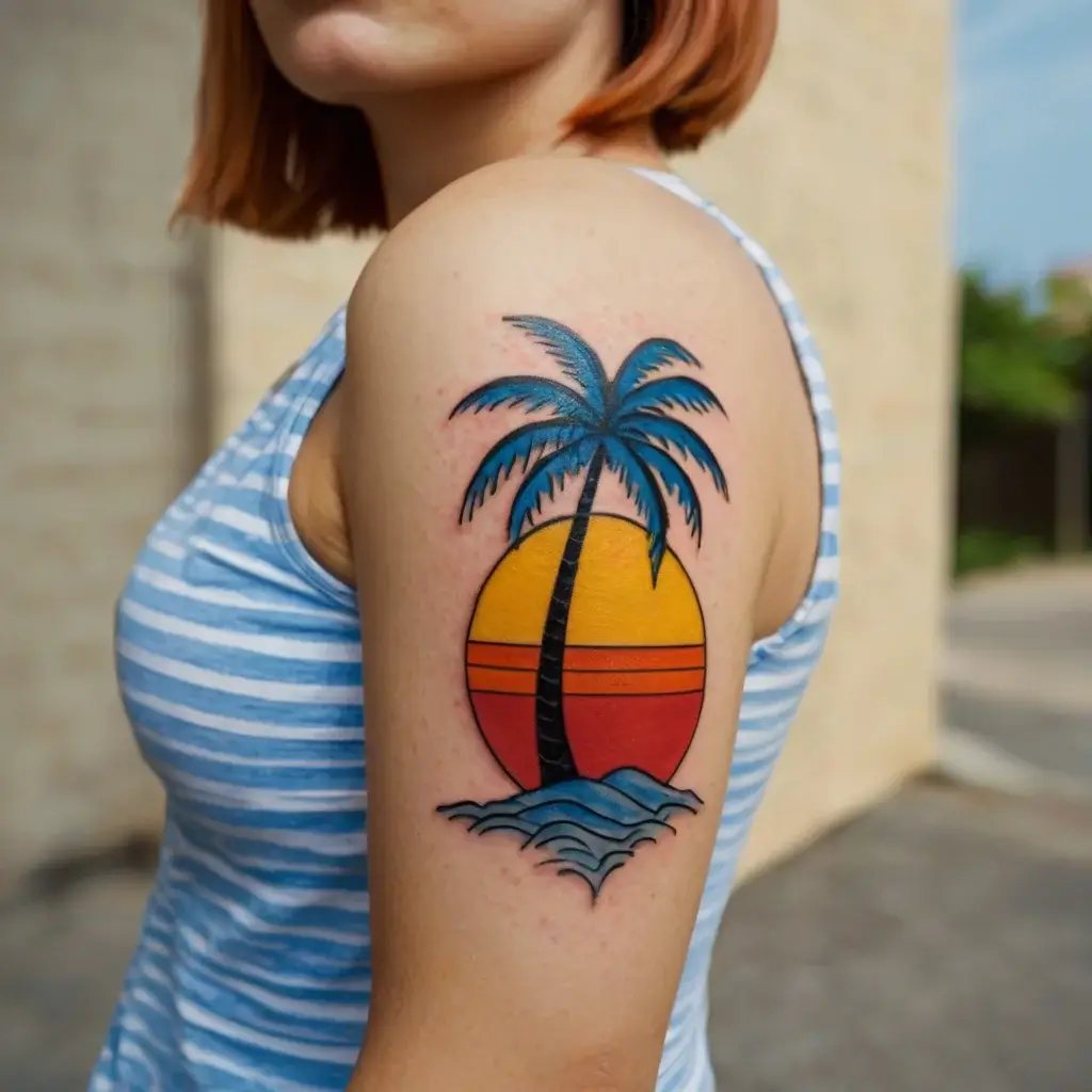 Colorful palm tree silhouette against a sunset with waves, blending bold blues, oranges, and reds on the upper arm.