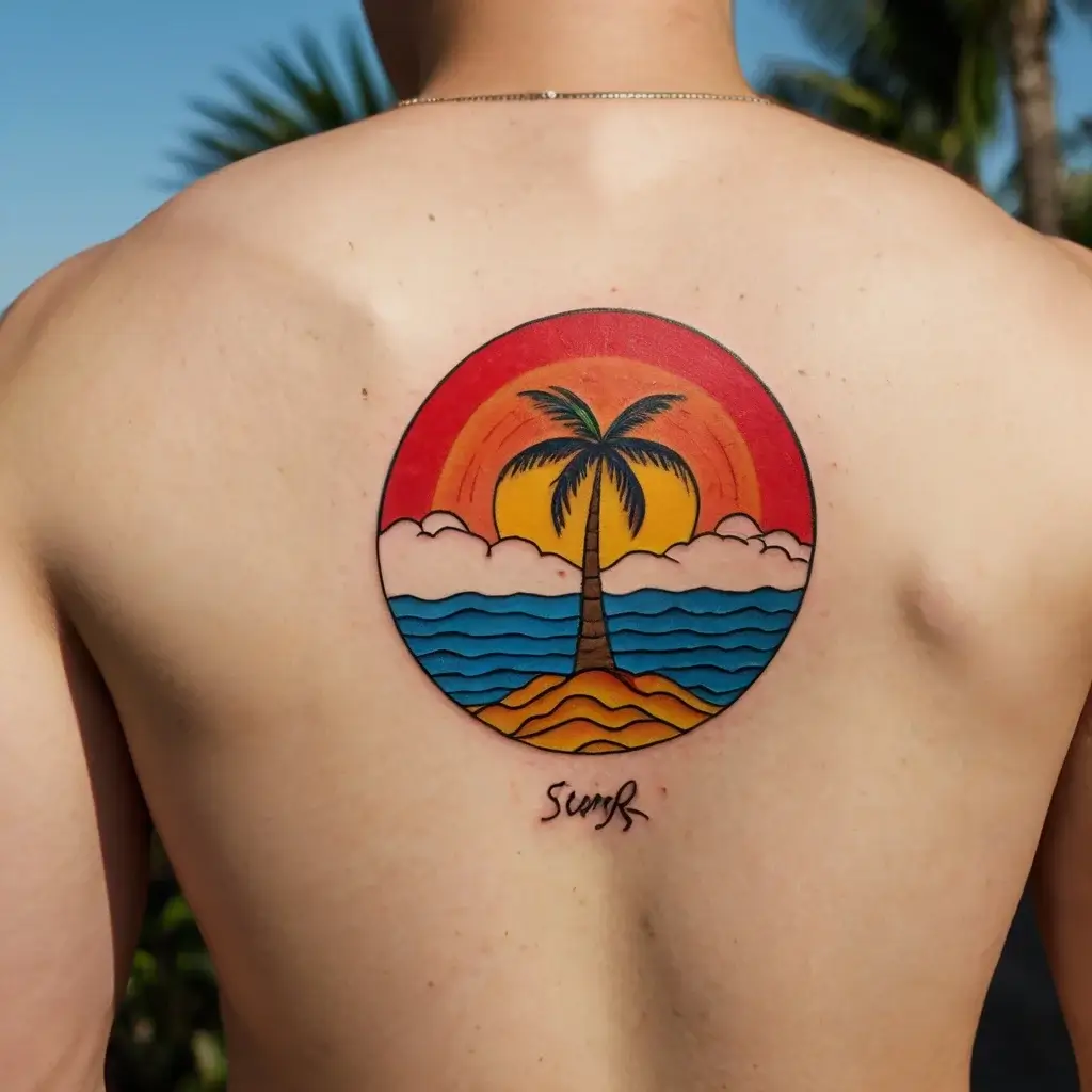 Stylized tattoo of a tropical scene with a palm tree, sunset, and waves inside a circle, featuring vibrant reds and blues.