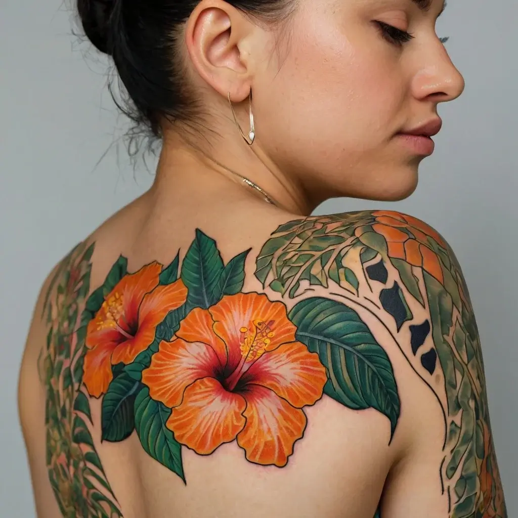 Vivid orange hibiscus flowers with lush green leaves tattooed on the shoulder, blending with geometric patterns.