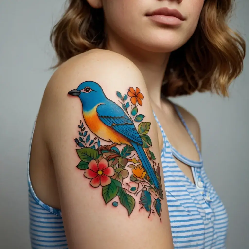 Colorful bird tattoo on shoulder with vibrant blue and orange hues, surrounded by intricate flowers and leaves.