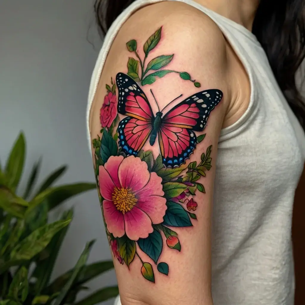 Vibrant tattoo of a red butterfly atop pink flowers and green leaves on the arm, showcasing bold colors and intricate details.