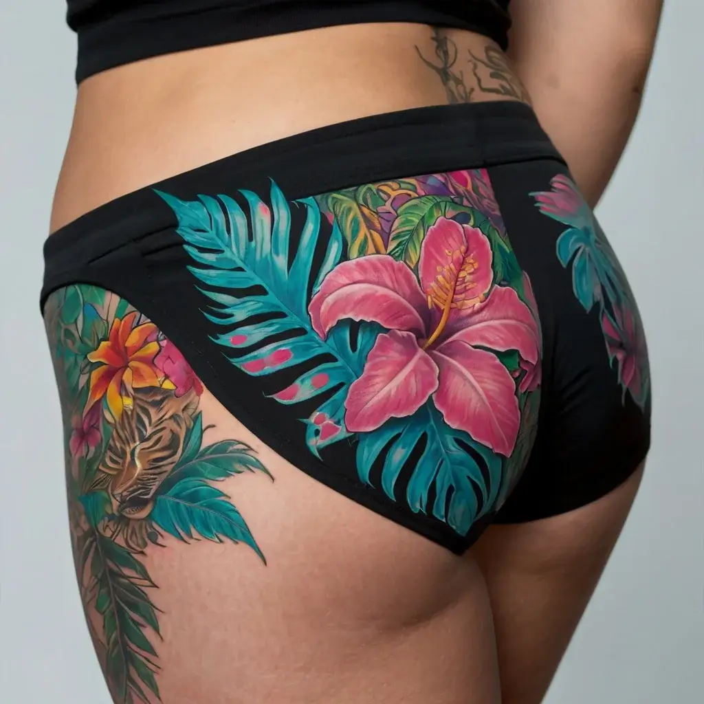 Tattoo with vibrant pink hibiscus, teal leaves, and a tiger's face on the hip, blending tropical and wild elements.