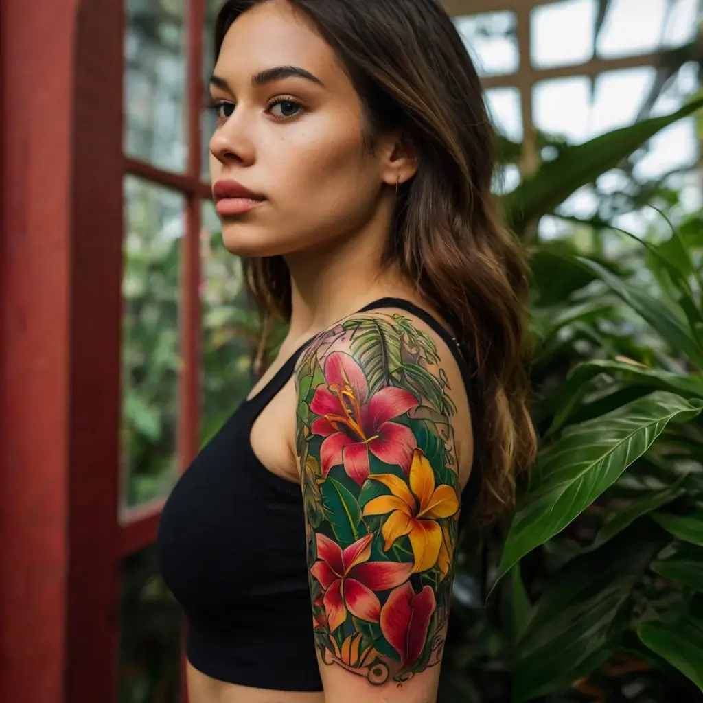 Vibrant floral tattoo on upper arm, featuring red and yellow lilies with lush green leaves, creating an exotic garden feel.