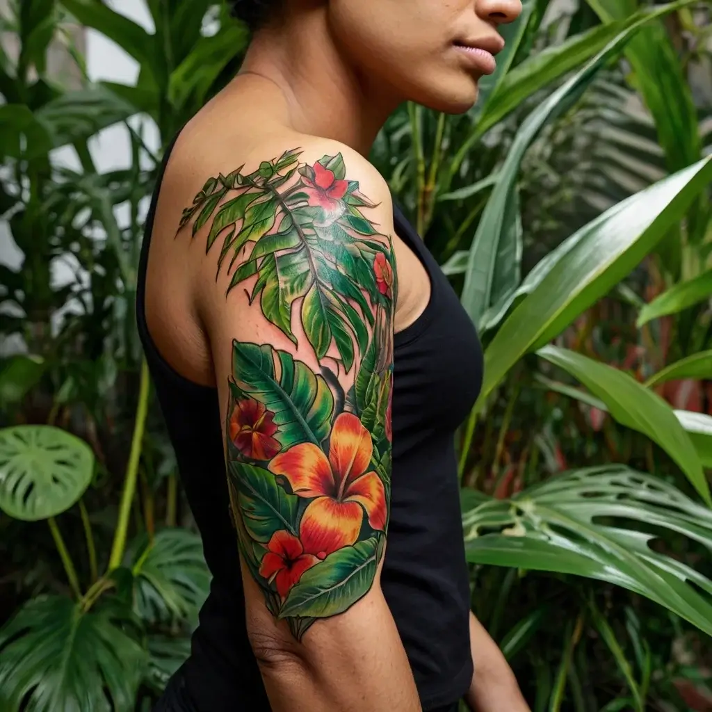 Tropical sleeve tattoo featuring vibrant hibiscus flowers and lush green leaves, highlighting nature's beauty.