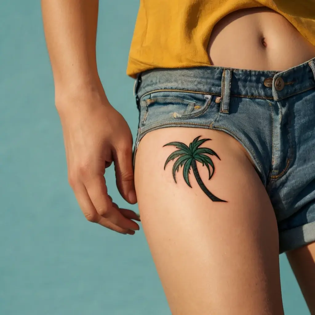 Stylized green palm tree tattoo on upper thigh, simple outline design, evokes tropical vibes and relaxation.