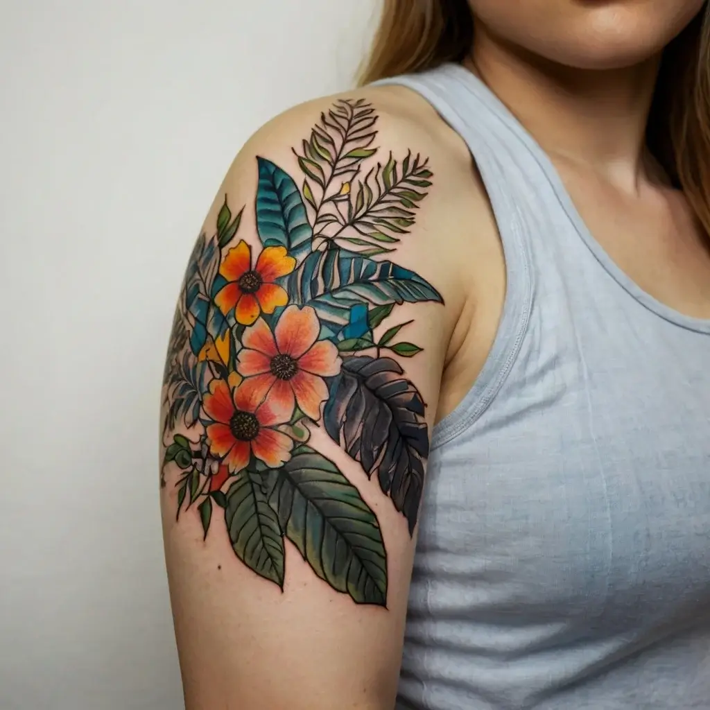 Tattoo of vibrant tropical flowers and lush leaves on the upper arm, featuring bold colors and intricate details.