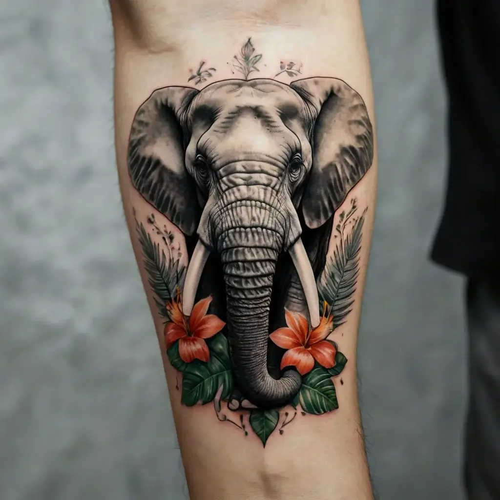 A realistic elephant head with detailed shading, surrounded by orange flowers and green leaves, symbolizing strength and beauty.