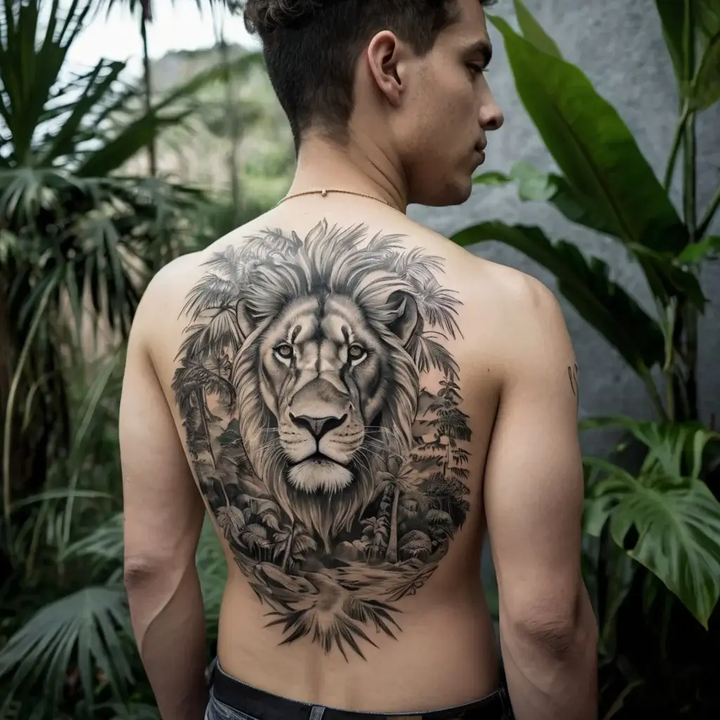 A detailed lion face tattoo with a jungle background covers the back, symbolizing courage and strength.