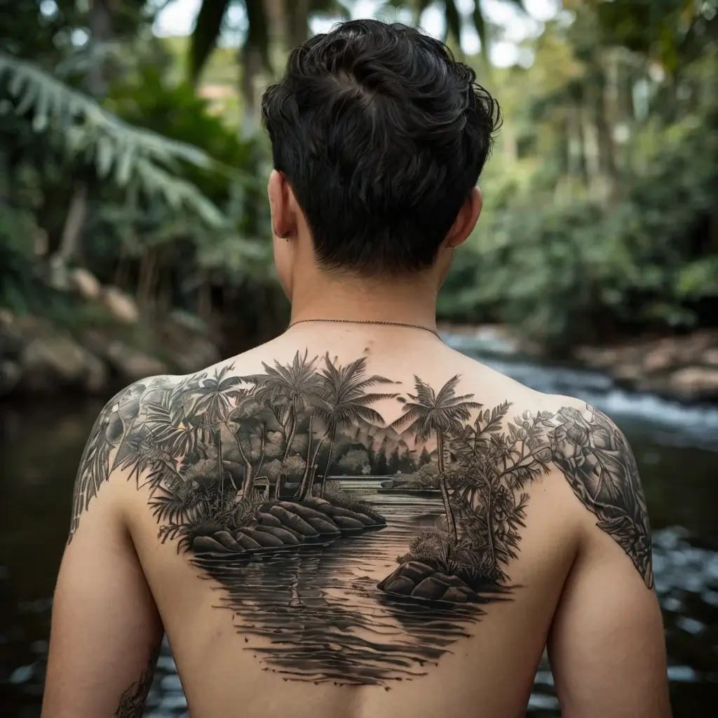 Back tattoo featuring a tropical scene with palm trees, a river, and lush landscape, extending over the shoulders.