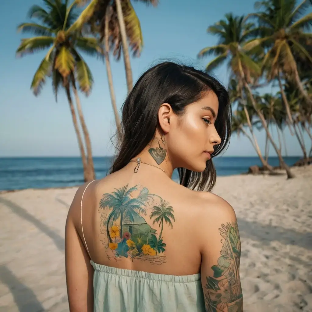 Tropical scene tattoo on back, featuring a beach hut, palm trees, and flowers. Neck tattoo of a heart with a keyhole.