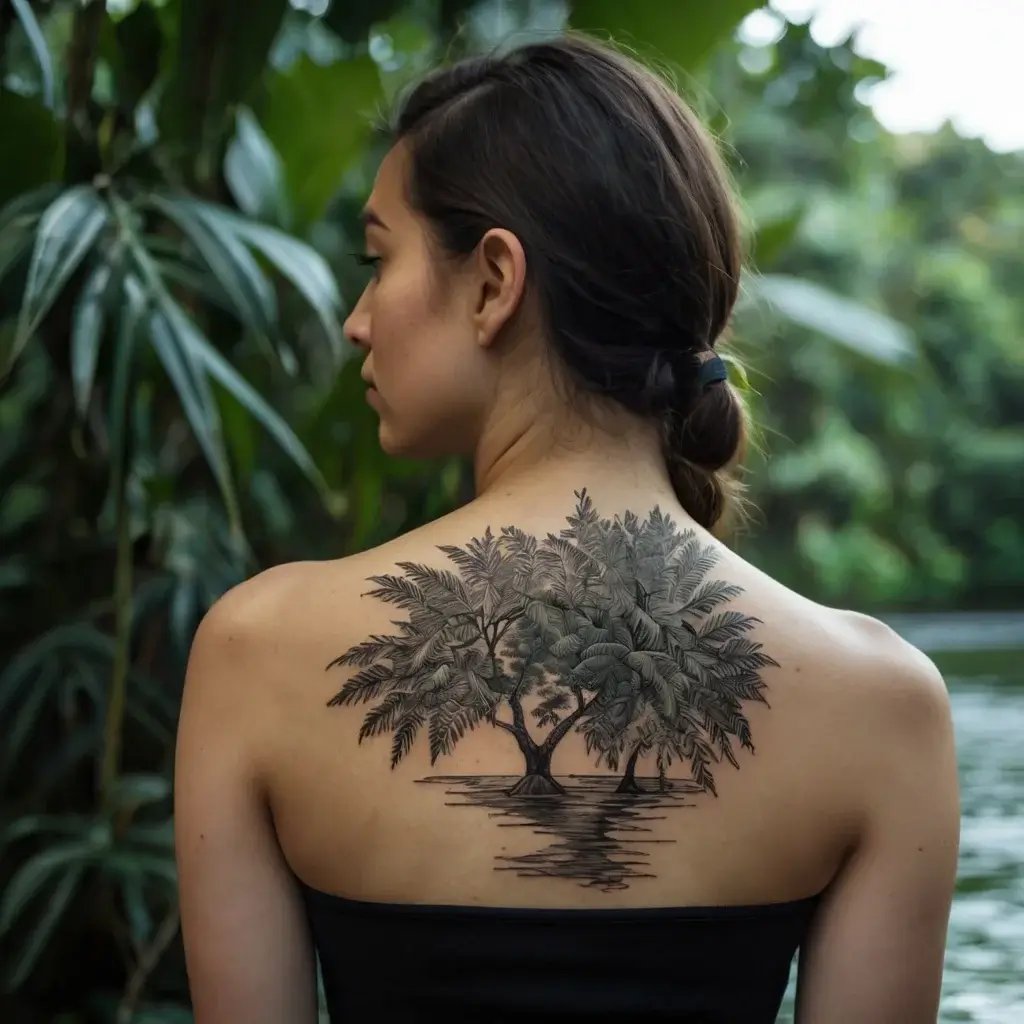 Tattoo of a detailed tree with lush foliage reflecting in water, centered on the upper back.