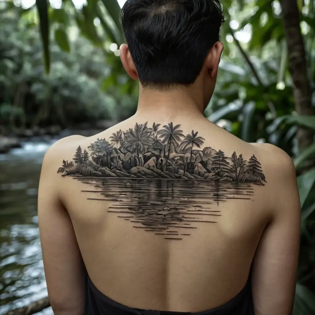 Tattoo of a tropical island landscape with palm trees and water reflection spanning across the upper back.