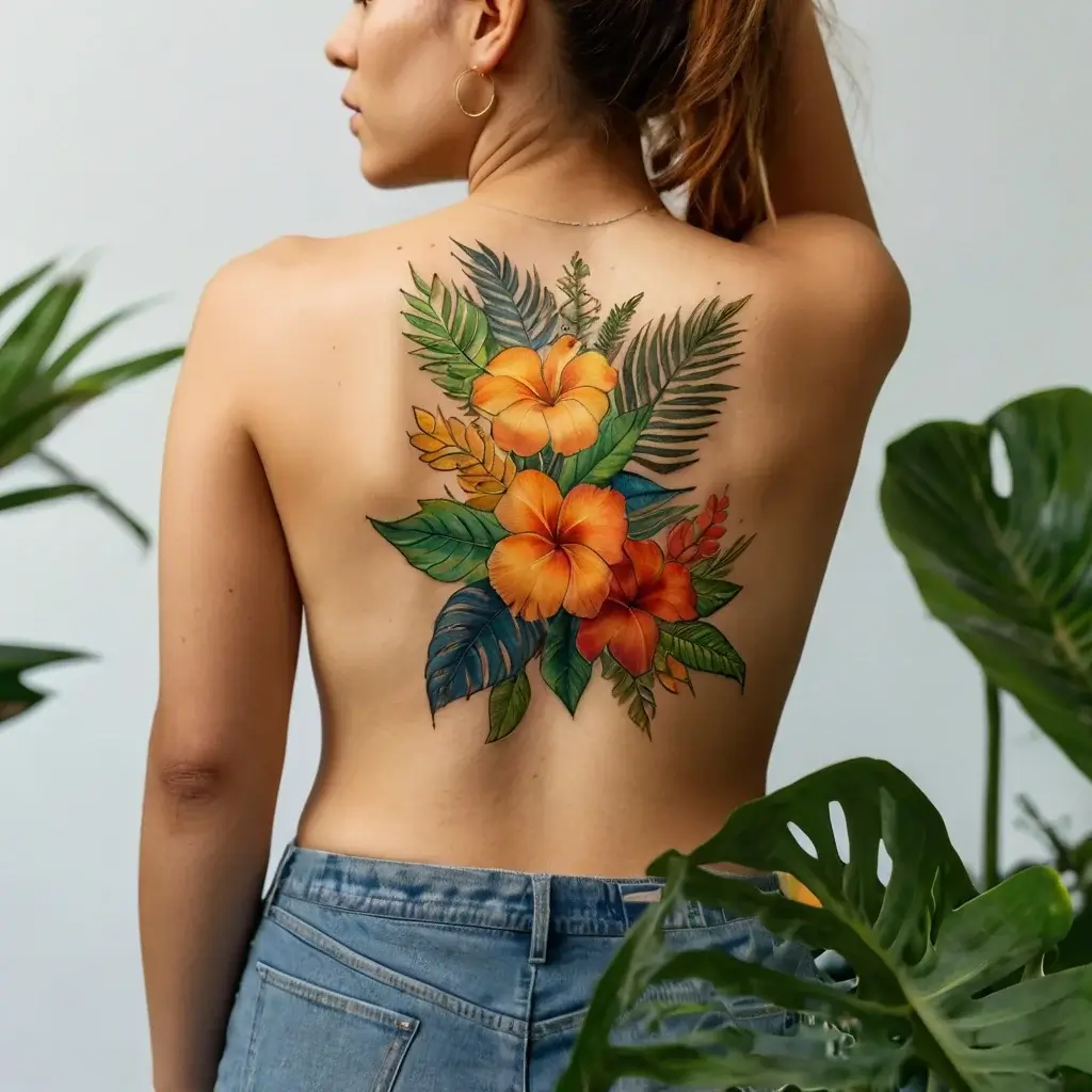 Colorful back tattoo of vibrant orange hibiscus flowers and lush green tropical leaves, creating a lively, nature-inspired design.