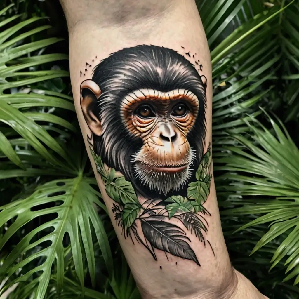 Realistic chimpanzee tattoo with lush green leaves, showcasing vivid details and lifelike expression on the arm.