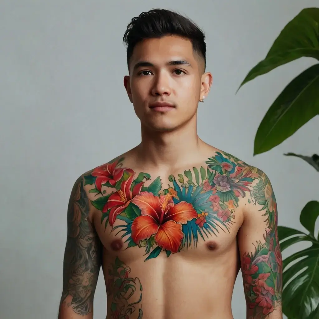 Vibrant chest tattoo of hibiscus and tropical flora, with intricate leaves and blossoms in an eye-catching arrangement.