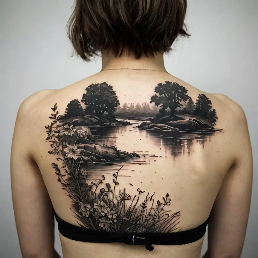 Tattoo of a serene landscape on the back featuring trees, a river, and detailed wildflowers, rendered in grayscale.