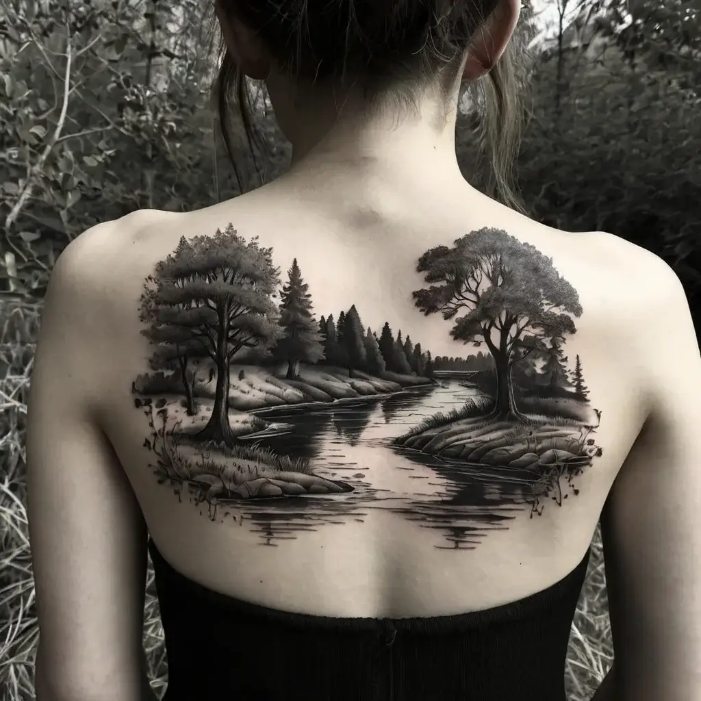 A detailed black and gray tattoo of a serene forest landscape with trees and a river, spanning across the upper back.