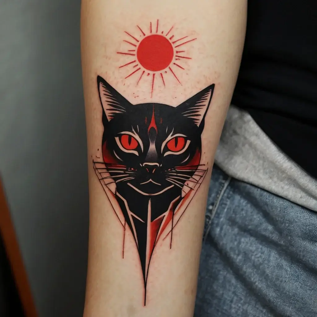 Bold geometric cat tattoo with piercing red eyes, below a red sun with radiating lines on the forearm.