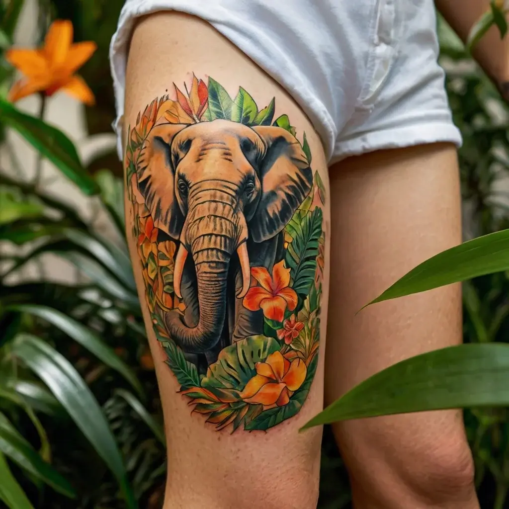 A vibrant elephant tattoo on the thigh, surrounded by tropical leaves and orange flowers, symbolizing strength and nature.