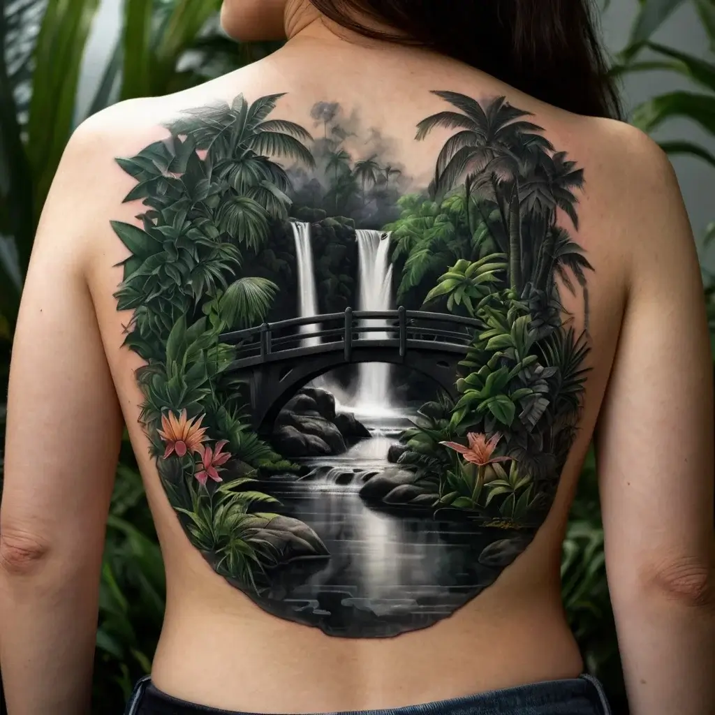 A detailed back tattoo of a lush jungle scene with a bridge, waterfall, and tropical flowers, exuding tranquility and nature.