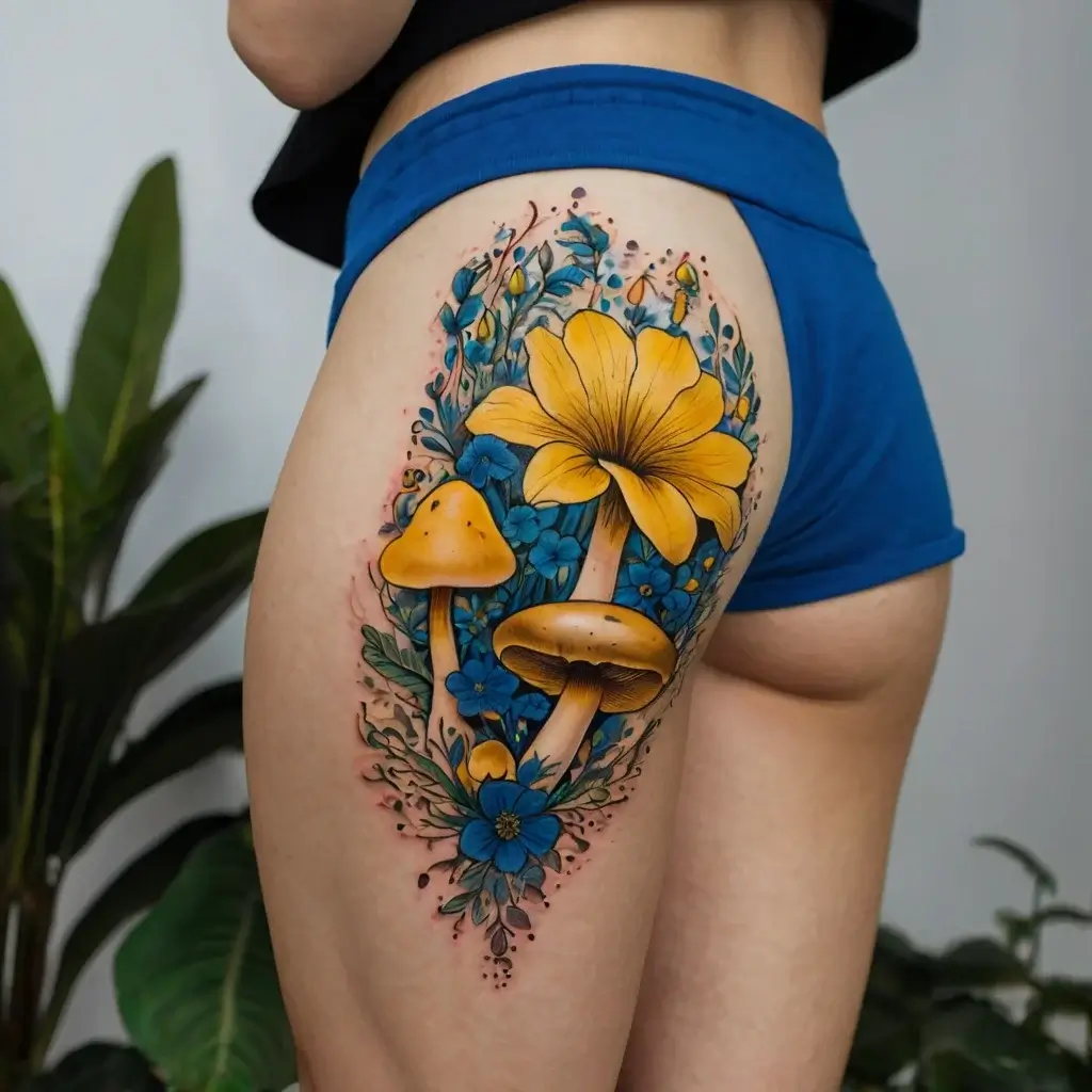 Tattoo of yellow mushrooms and a large flower, surrounded by blue flowers and greenery on the thigh, vibrant and intricate.