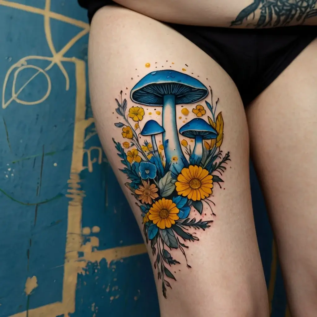 Tattoo of vibrant blue mushrooms and bright yellow flowers, intricately detailed on the upper thigh against a blue background.