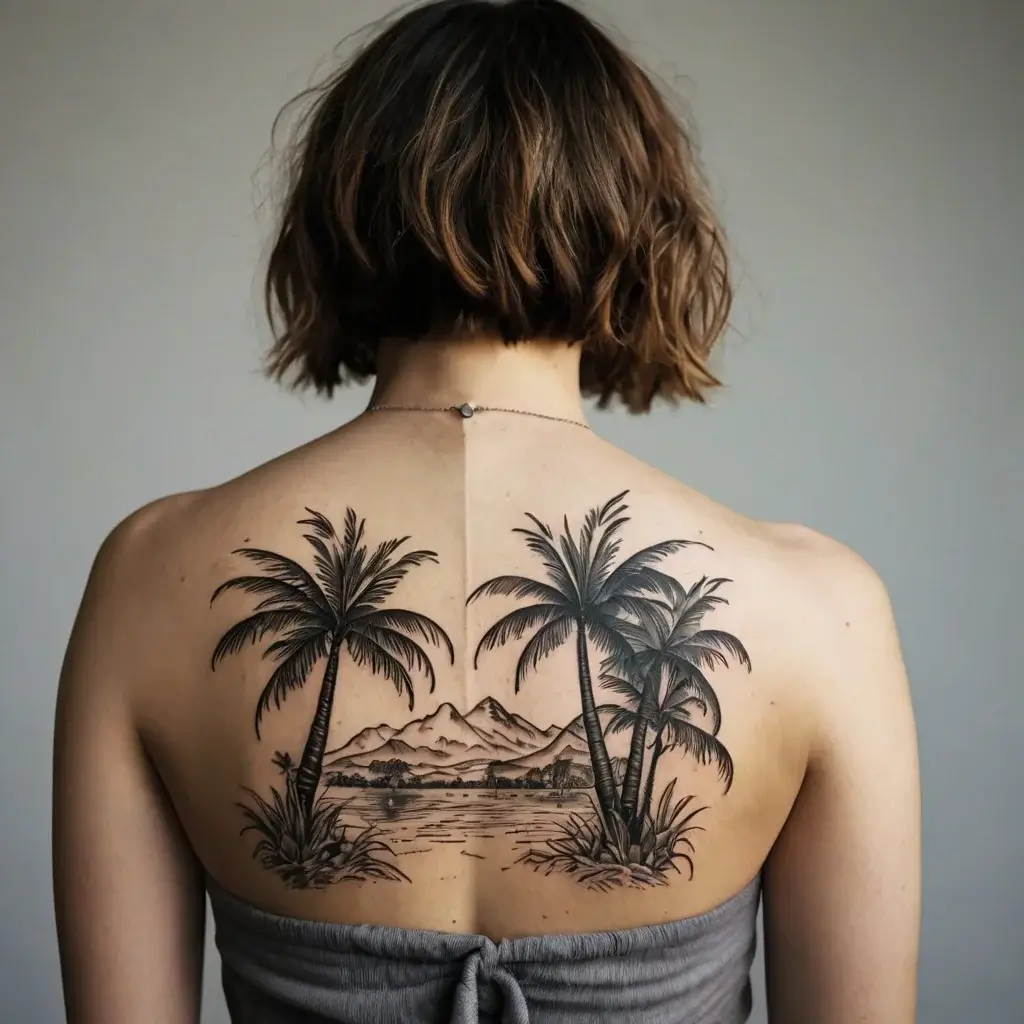 Tattoo of two palm trees with a mountain and ocean scene, intricately detailed, spans across the upper back.