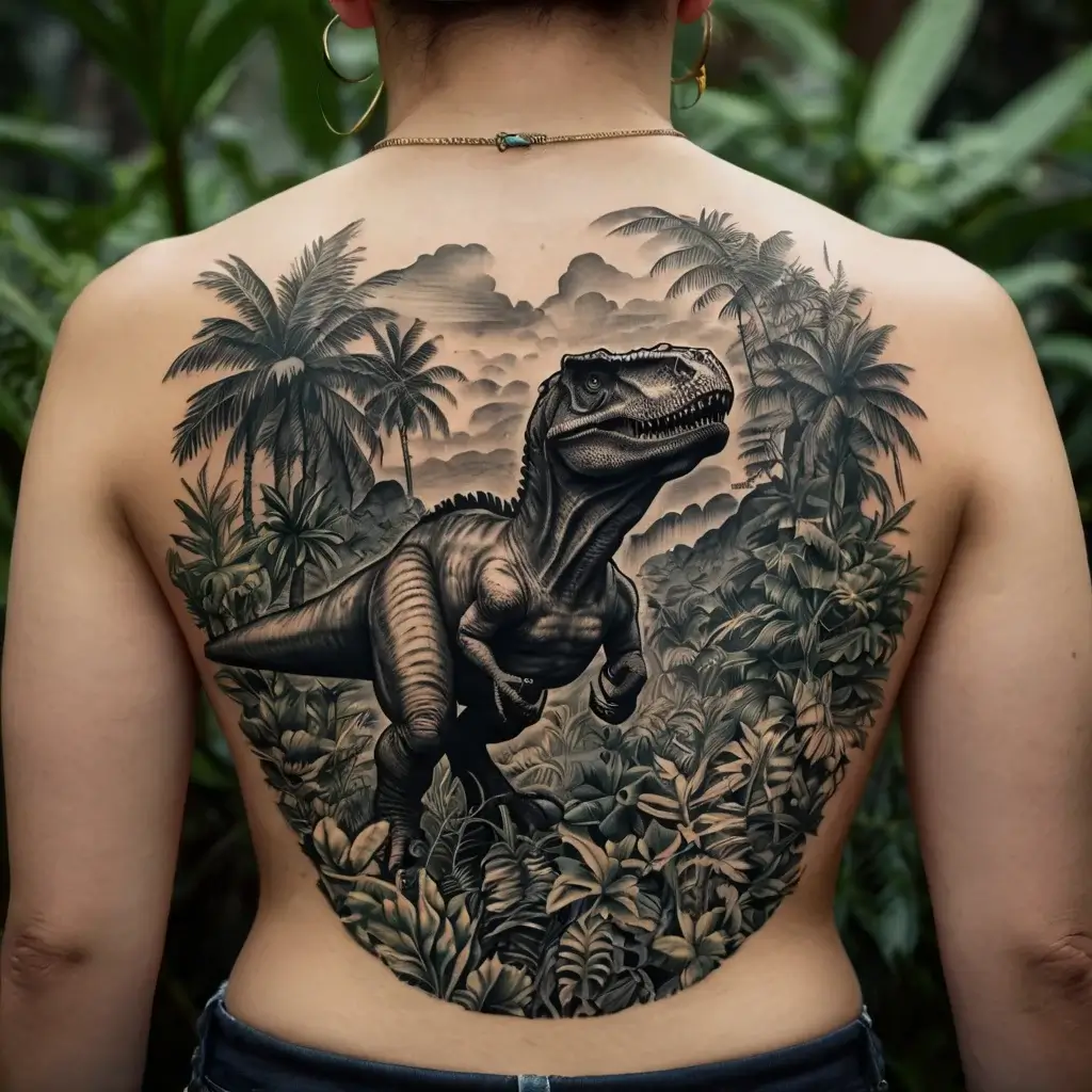 Tattoo of a realistic dinosaur in lush jungle setting, featuring detailed foliage and clouds, covering the back.